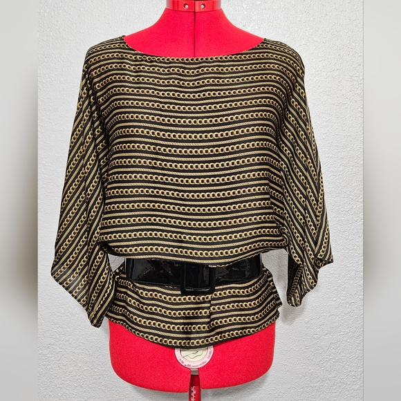 Michael Kors Black Chains Links Print Boat Neck Short Sleeve Large - Picture 3 of 10